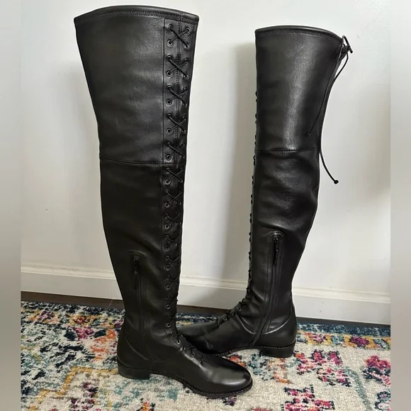 Stuart Weitzman Exes Black Leather Lace Up OTK Boots Size 9.5 - Picture 5 of 10